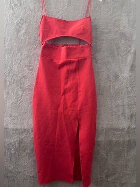 Superdown Pink-Red Cutout Midi Dress with Spaghetti Straps